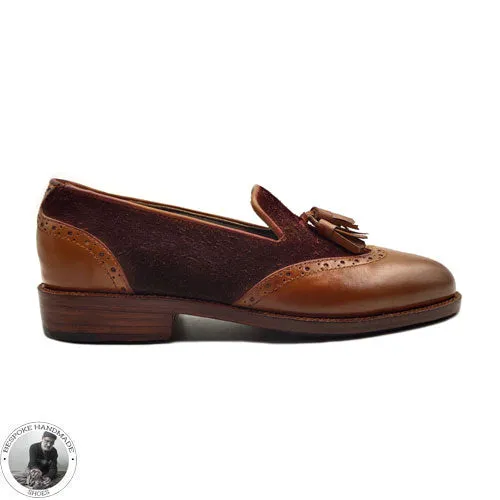 Bespoke Handmade Stylish Brown Leather And Suede Loafer Style Leather Tassels Casual Shoes