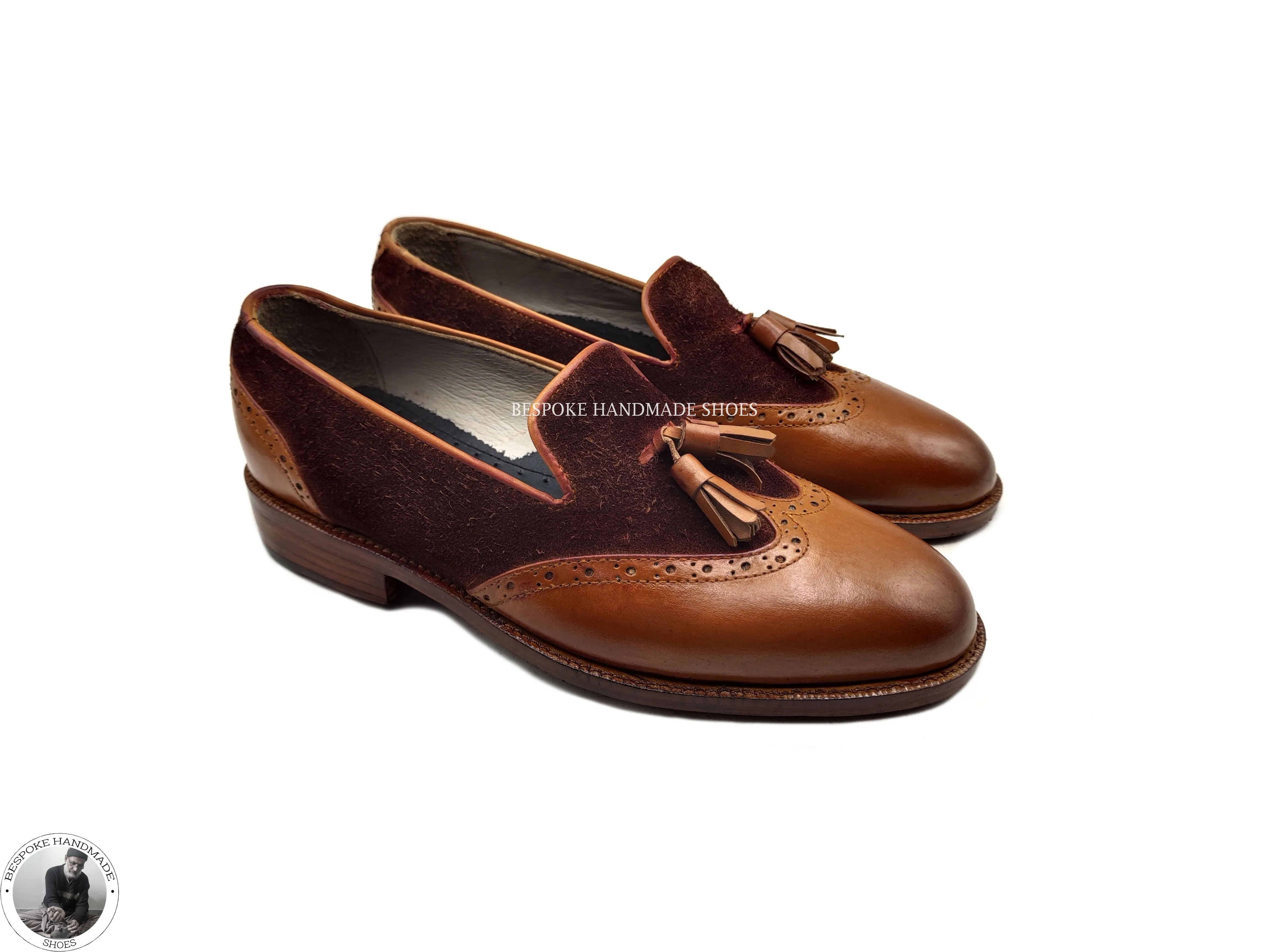 Bespoke Handmade Stylish Brown Leather And Suede Loafer Style Leather Tassels Casual Shoes