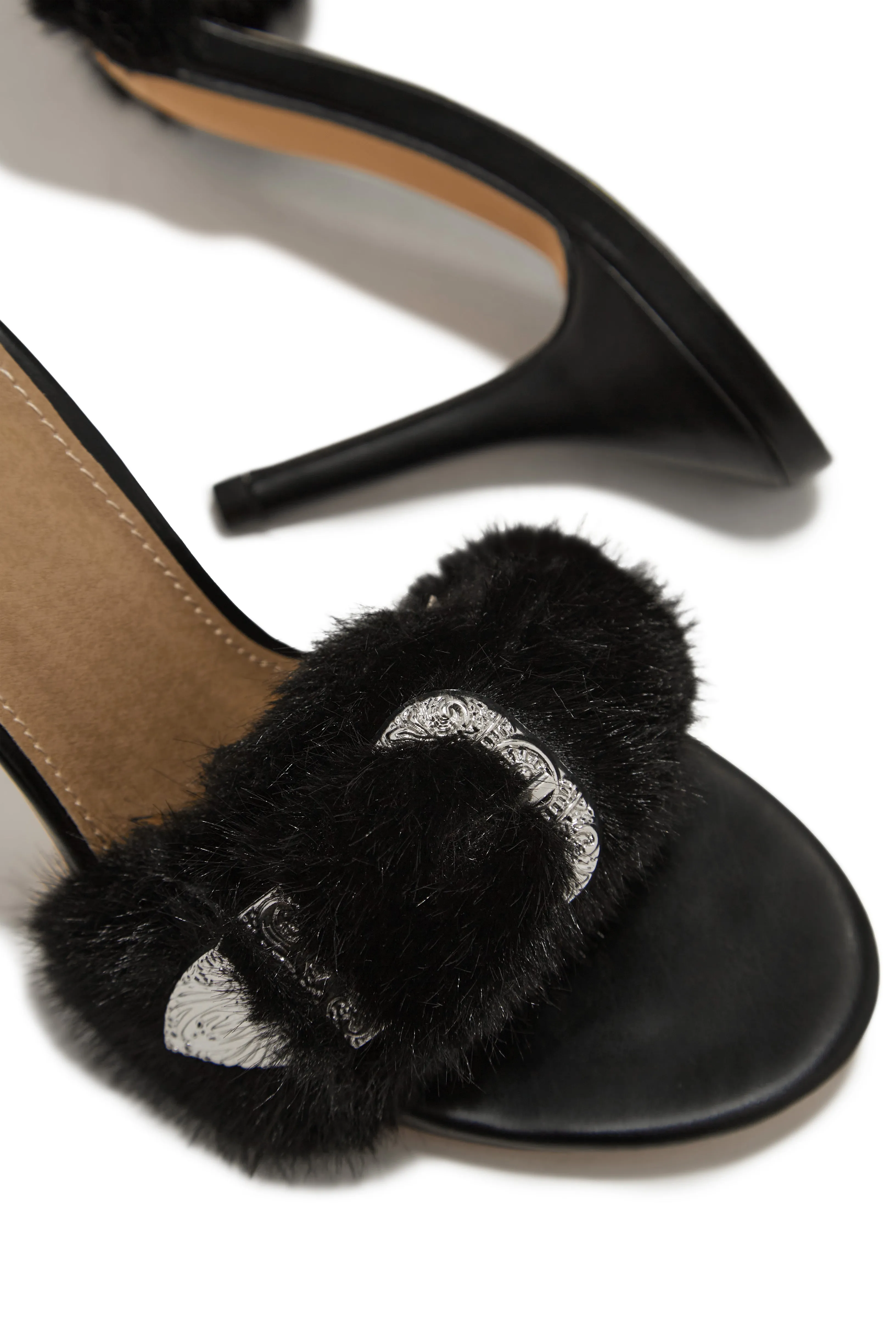 Cold Heart Faux Fur Strap High Heel Mules - Black