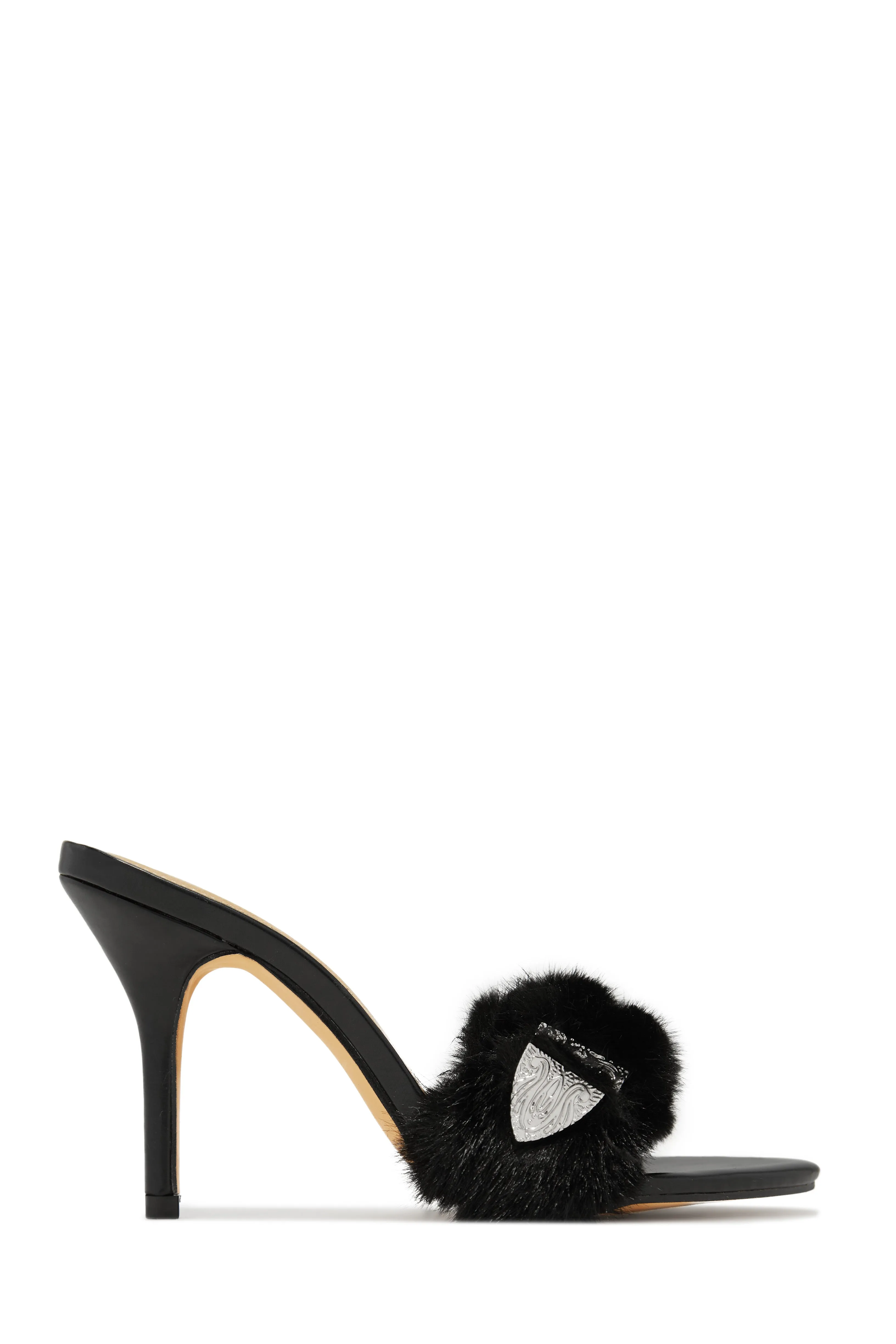 Cold Heart Faux Fur Strap High Heel Mules - Black