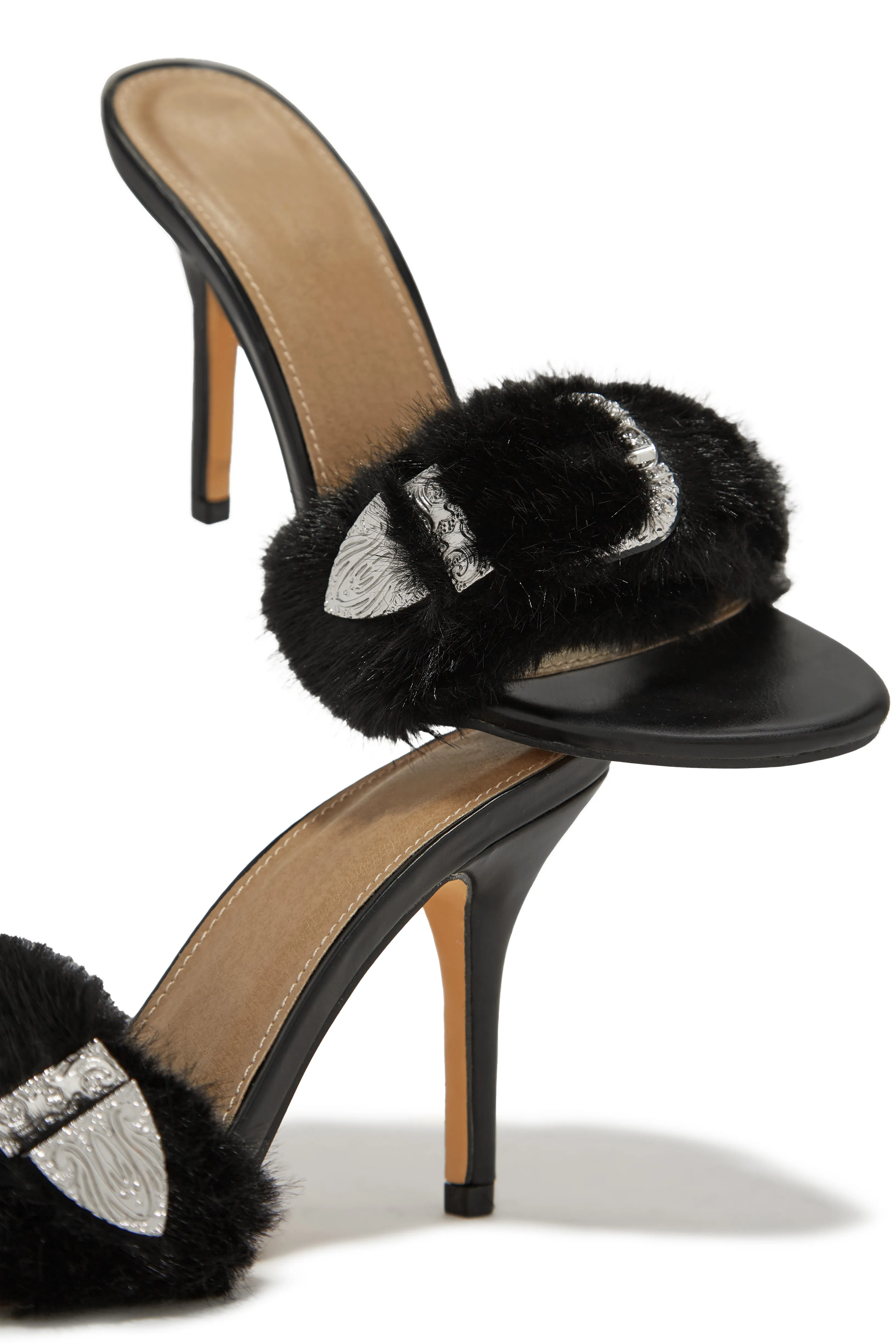 Cold Heart Faux Fur Strap High Heel Mules - Black