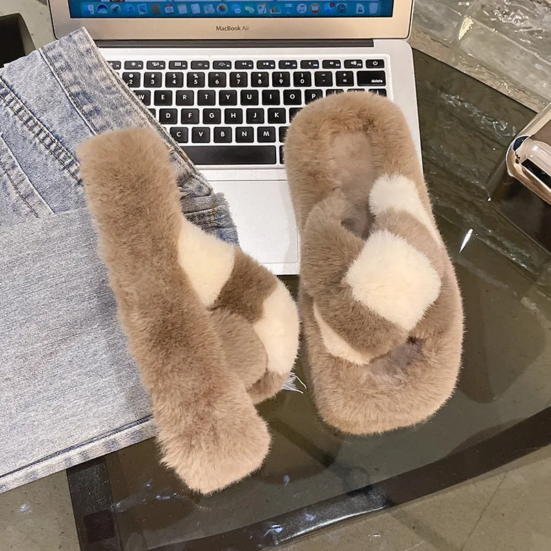 Cross-strap Fuzzy Slippers With 5cm Heel Shoes Women Fashion Winter Indoor Plush House Shoes