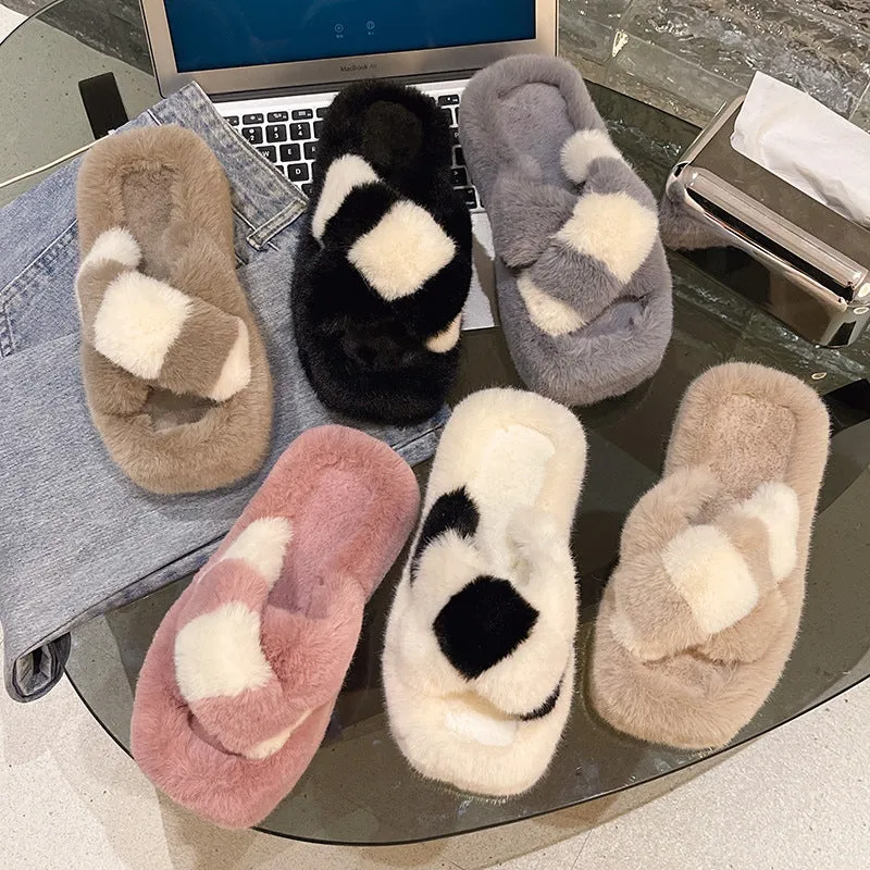 Cross-strap Fuzzy Slippers With 5cm Heel Shoes Women Fashion Winter Indoor Plush House Shoes