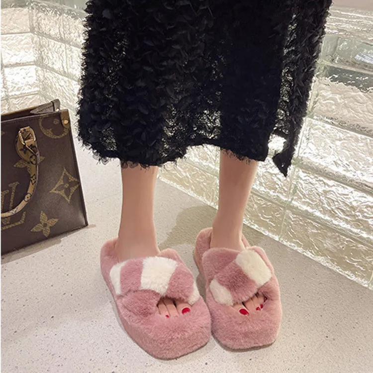 Cross-strap Fuzzy Slippers With 5cm Heel Shoes Women Fashion Winter Indoor Plush House Shoes