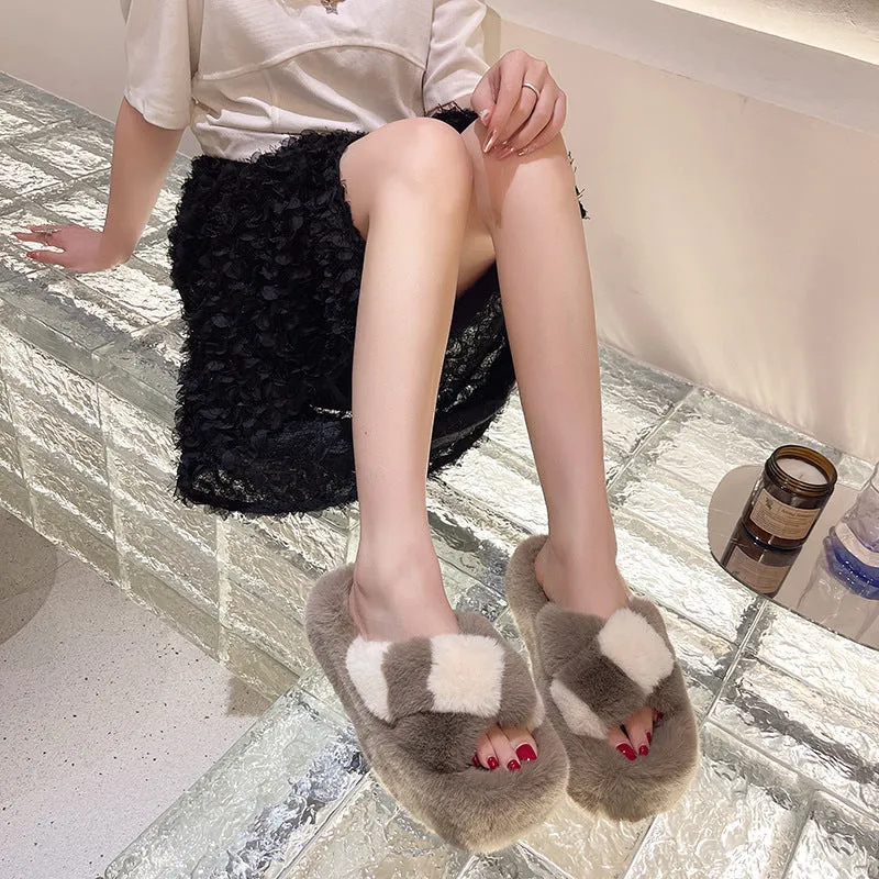 Cross-strap Fuzzy Slippers With 5cm Heel Shoes Women Fashion Winter Indoor Plush House Shoes