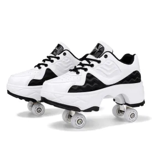 Deformable Four-wheel Retractable Double-row Dual-purpose Roller Skates, Size: 33(DF09 White Black)