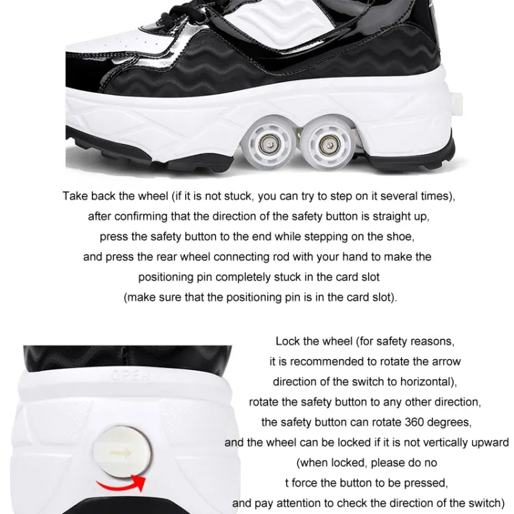 Deformable Four-wheel Retractable Double-row Dual-purpose Roller Skates, Size: 33(DF09 White Black)