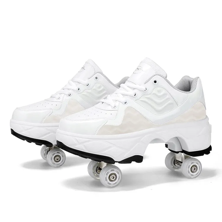 Deformable Four-wheel Retractable Double-row Dual-purpose Roller Skates, Size: 33(DF09 White)