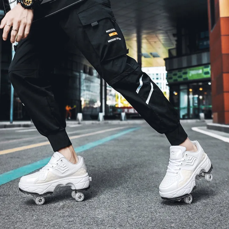 Deformable Four-wheel Retractable Double-row Dual-purpose Roller Skates, Size: 33(DF09 White)