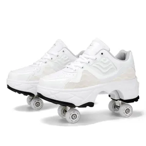 Deformable Four-wheel Retractable Double-row Dual-purpose Roller Skates, Size: 33(DF09 White)