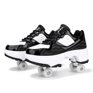 Deformable Four-wheel Retractable Double-row Dual-purpose Roller Skates, Size: 34(DF09 Black)