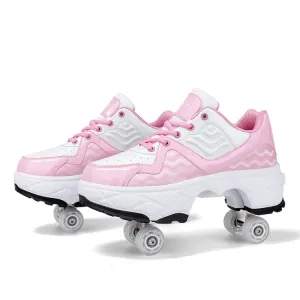 Deformable Four-wheel Retractable Double-row Dual-purpose Roller Skates, Size: 35(DF09 Pink)