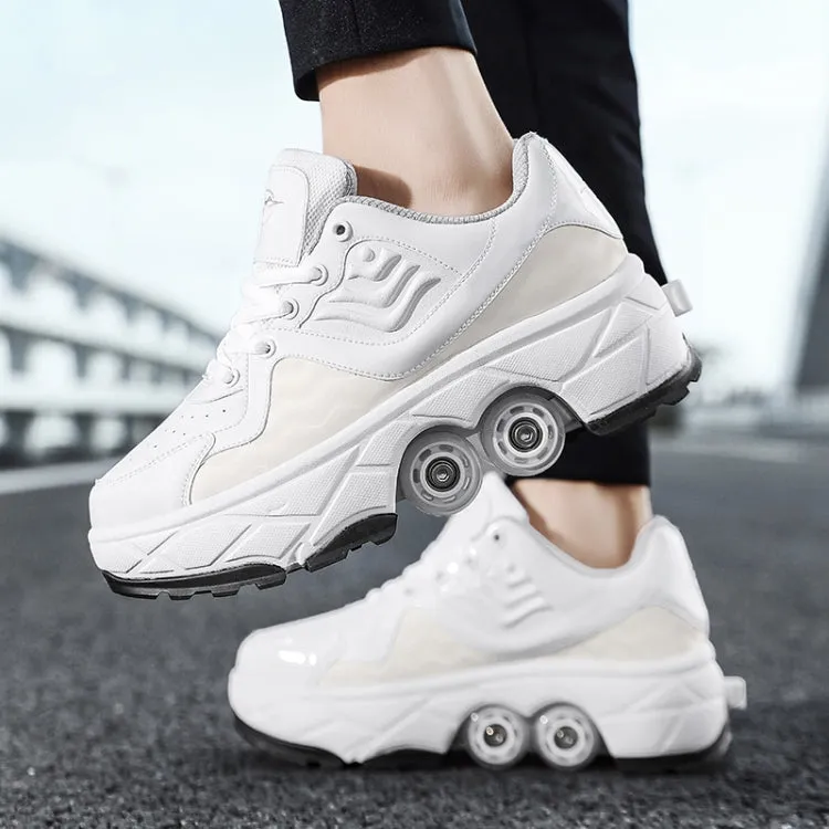 Deformable Four-wheel Retractable Double-row Dual-purpose Roller Skates, Size: 37(DF09 White)