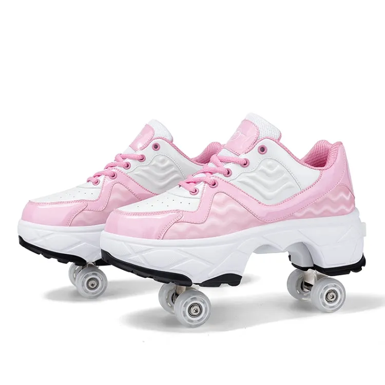 Deformable Four-wheel Retractable Double-row Dual-purpose Roller Skates, Size: 40(DF09 Pink)