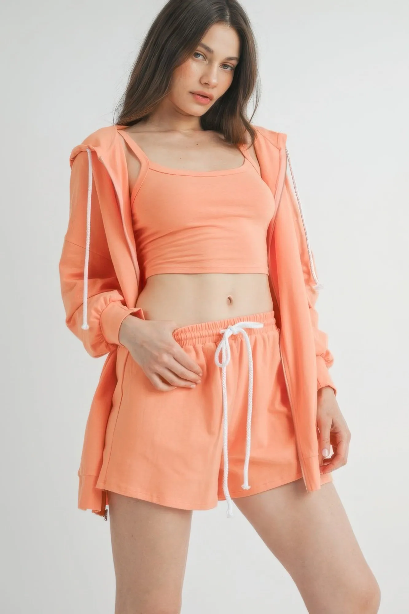 Hot Girl Chill Mode Three Piece Cotton Lounge Set In Orange