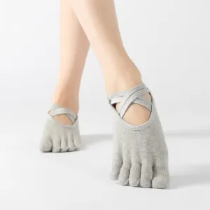 Terry Five-Finger Socks Cotton Thickened Warm and Non-Slip Yoga Socks Cross Strap Dance Socks, Size: One Size(Full Toe (Light Gray))