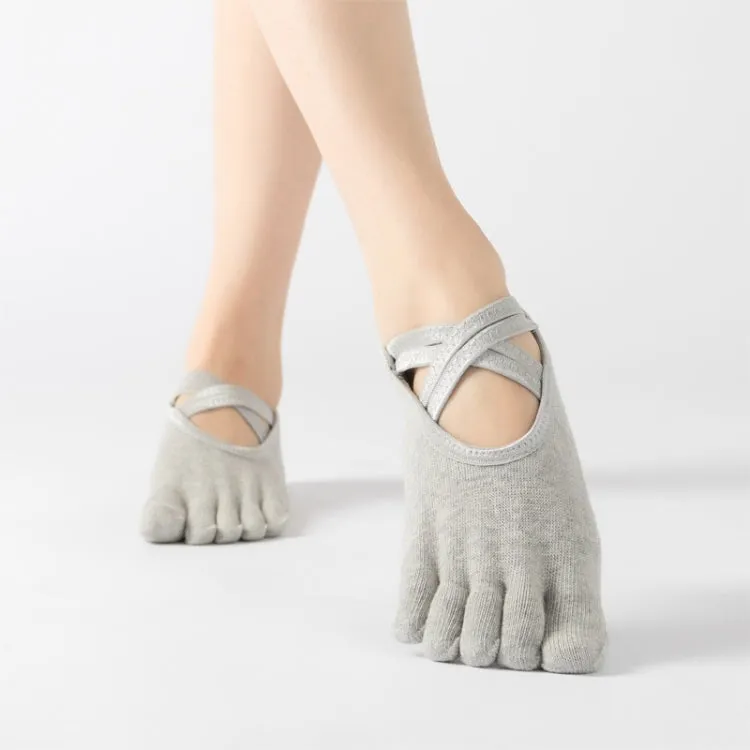 Terry Five-Finger Socks Cotton Thickened Warm and Non-Slip Yoga Socks Cross Strap Dance Socks, Size: One Size(Full Toe (Light Gray))