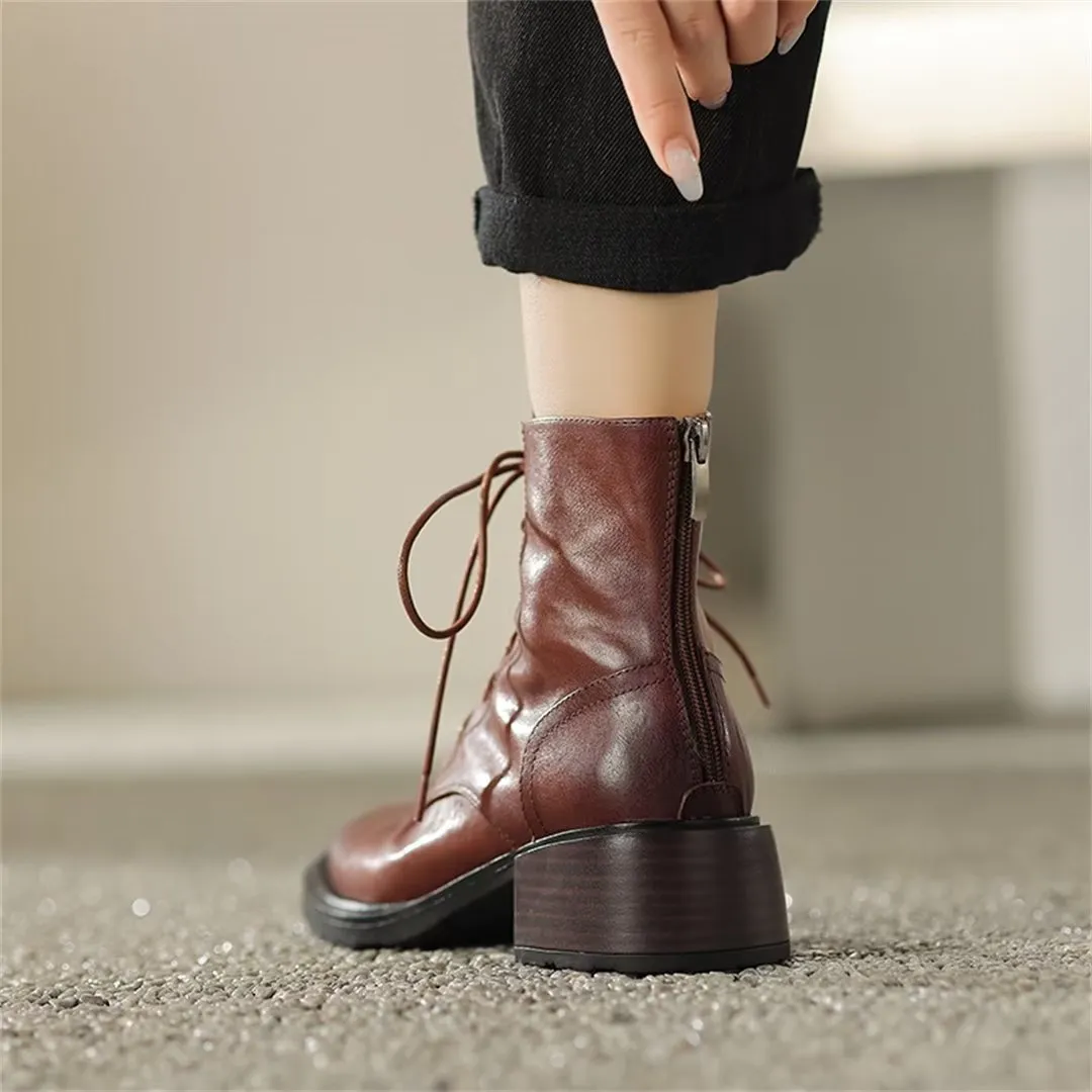 Trendy Short Lace-Up Leather Boots