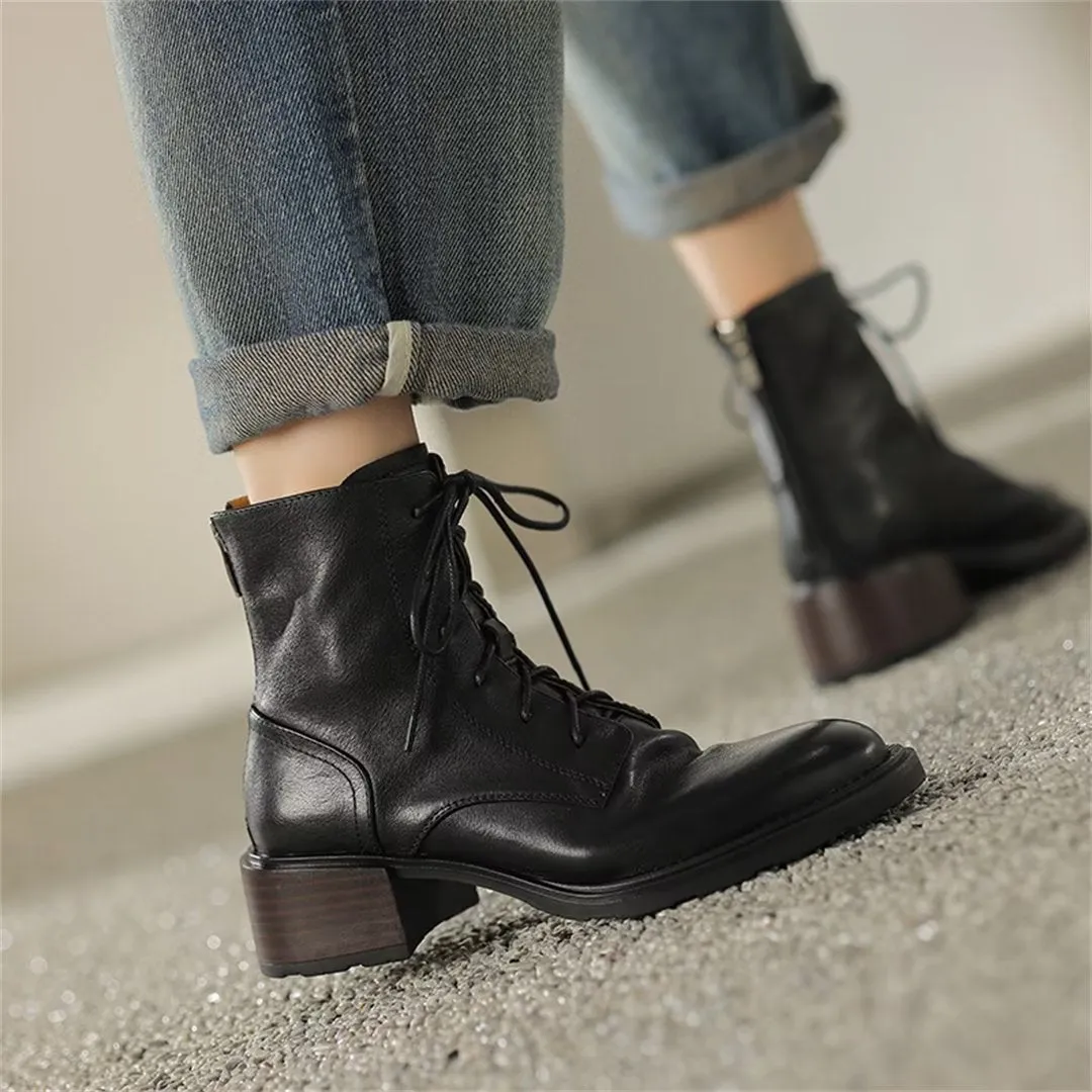 Trendy Short Lace-Up Leather Boots