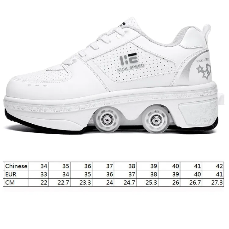 Two-Purpose Skating Shoes Deformation Shoes Double Row Rune Roller Skates Shoes, Size: 34(High-top With Light (White))