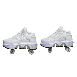 Two-Purpose Skating Shoes Deformation Shoes Double Row Rune Roller Skates Shoes, Size: 34(High-top With Light (White))