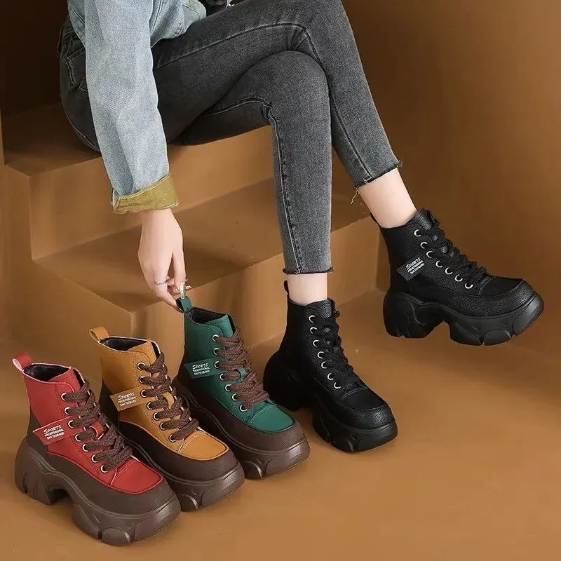 Two Tone Colors Lace Up Barrel Platform Snow Boots