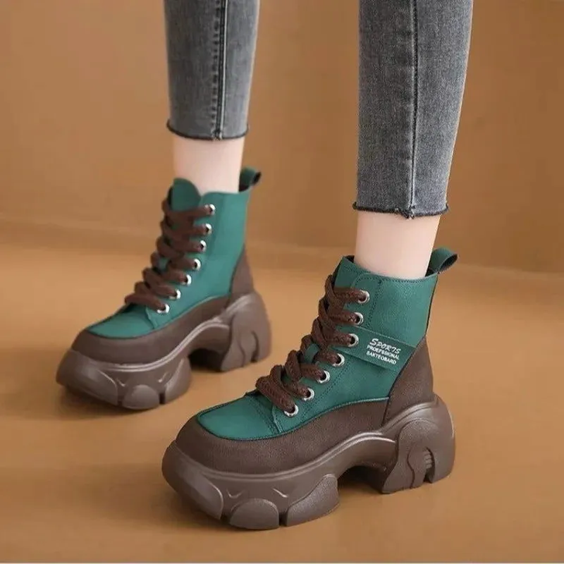 Two Tone Colors Lace Up Barrel Platform Snow Boots