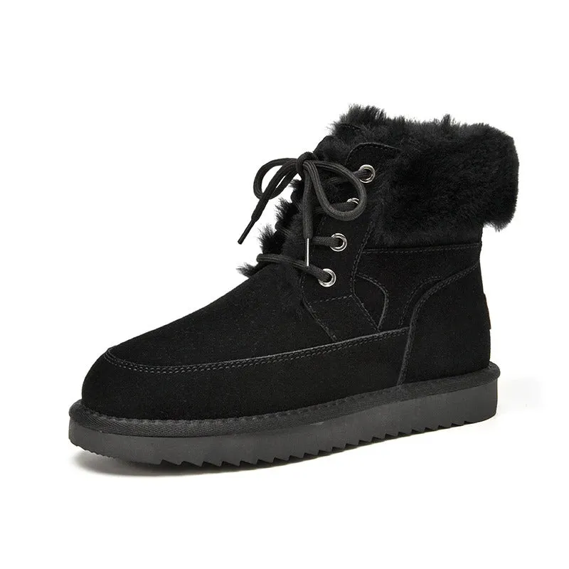 Winter Warm Vegan Leather Plush Fur Lace-Up Snow Boots