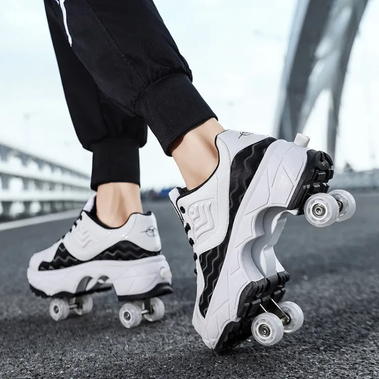 With Brakes Deformable Four-wheel Retractable Double-row Dual-purpose Roller Skates, Size: 33(DF08 White Black)