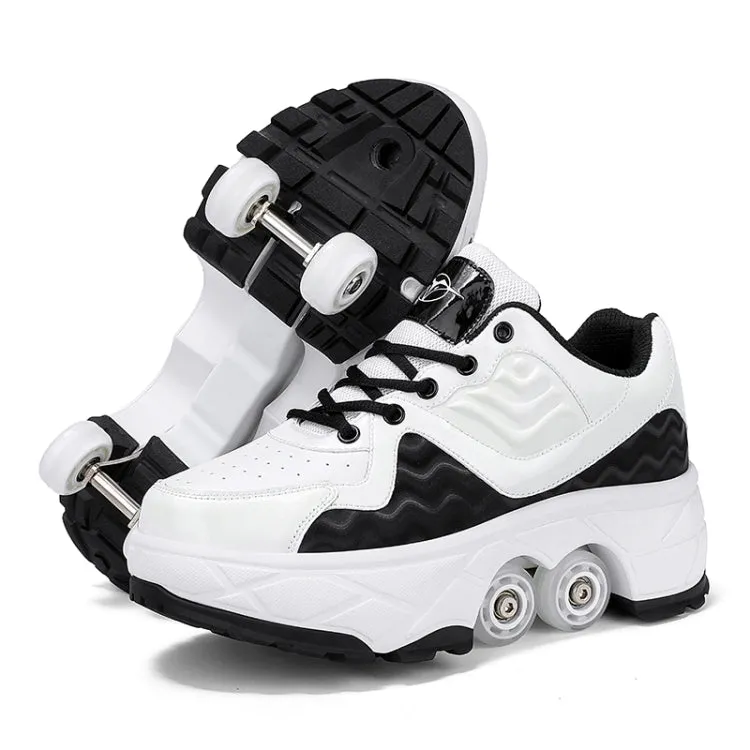 With Brakes Deformable Four-wheel Retractable Double-row Dual-purpose Roller Skates, Size: 33(DF08 White Black)