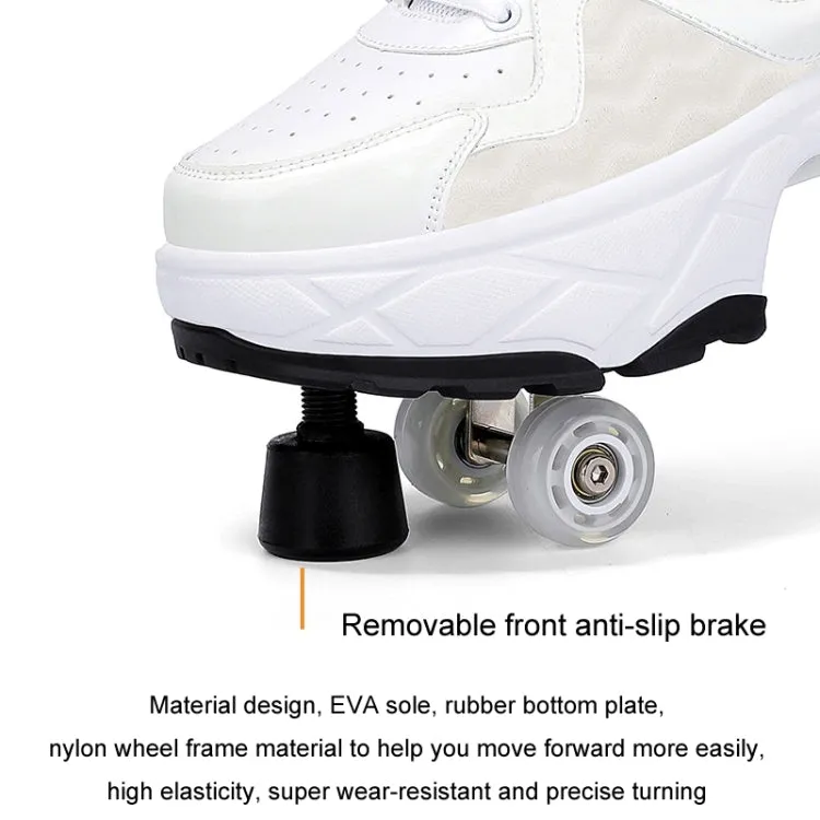 With Brakes Deformable Four-wheel Retractable Double-row Dual-purpose Roller Skates, Size: 33(DF08 White Black)