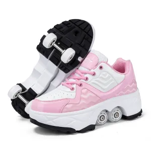 With Brakes Deformable Four-wheel Retractable Double-row Dual-purpose Roller Skates, Size: 34(DF08 Pink)