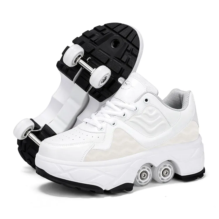 With Brakes Deformable Four-wheel Retractable Double-row Dual-purpose Roller Skates, Size: 39(DF08 White)