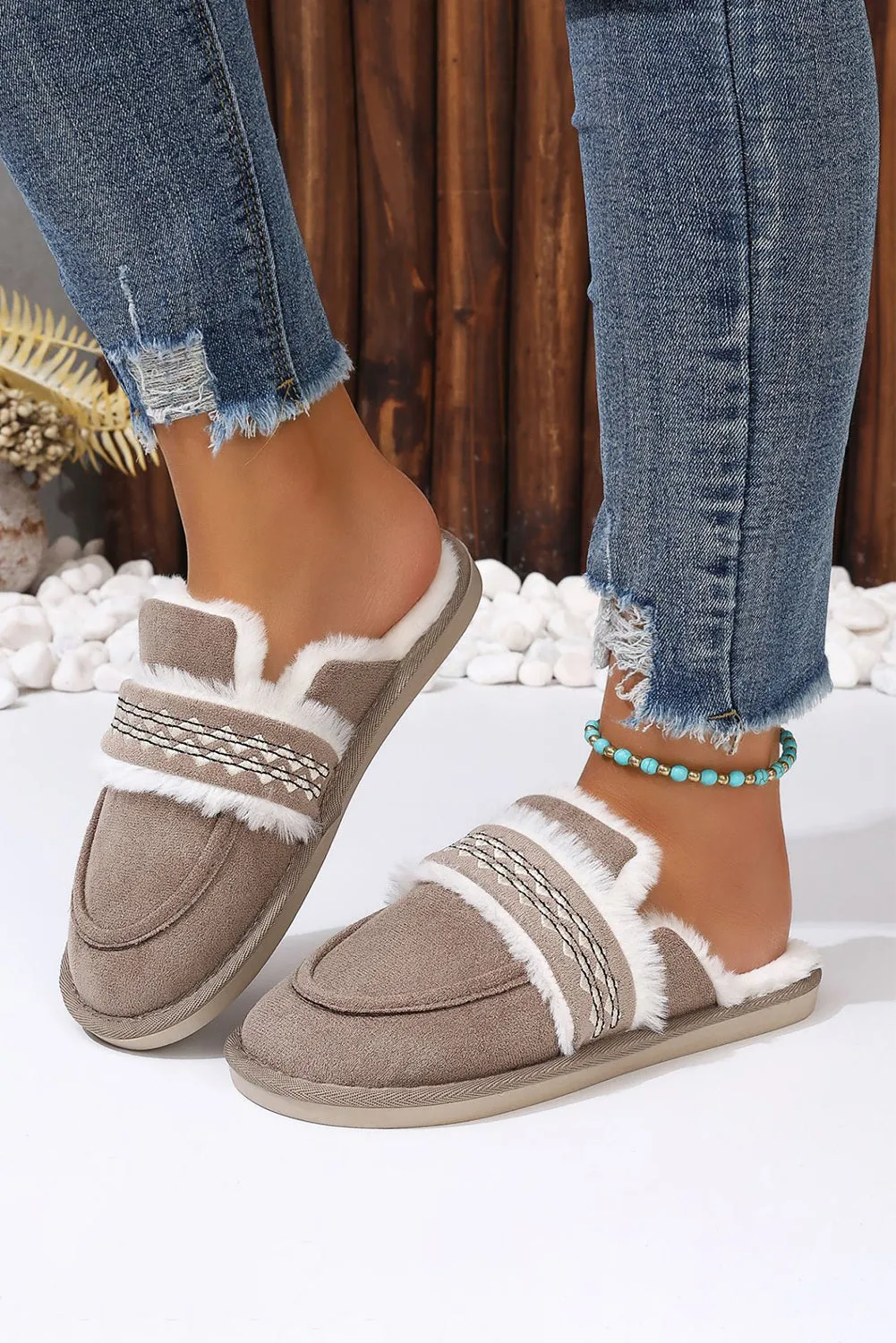 Women's Suede Wavy Striped Plush Lined Slippers