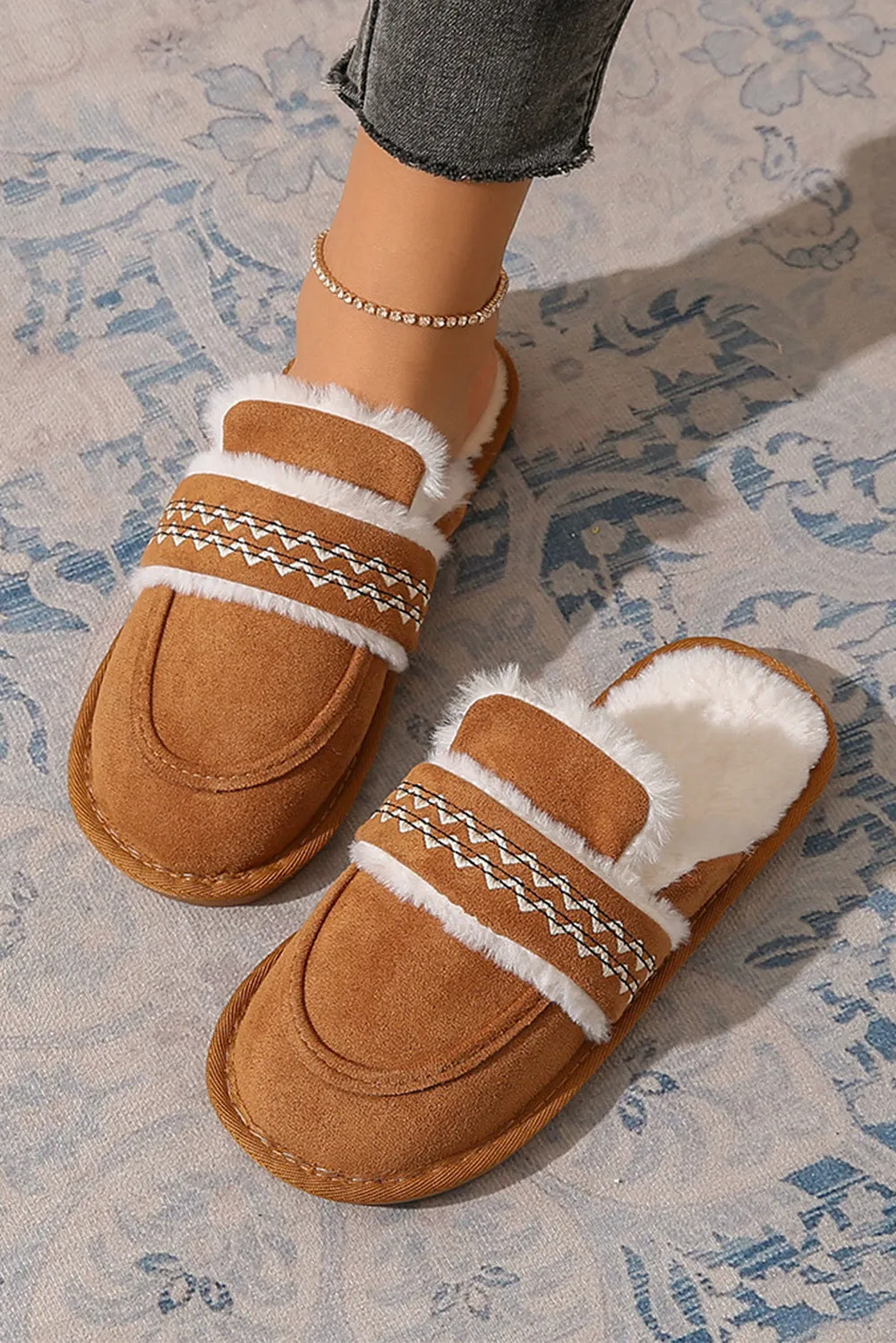 Women's Suede Wavy Striped Plush Lined Slippers