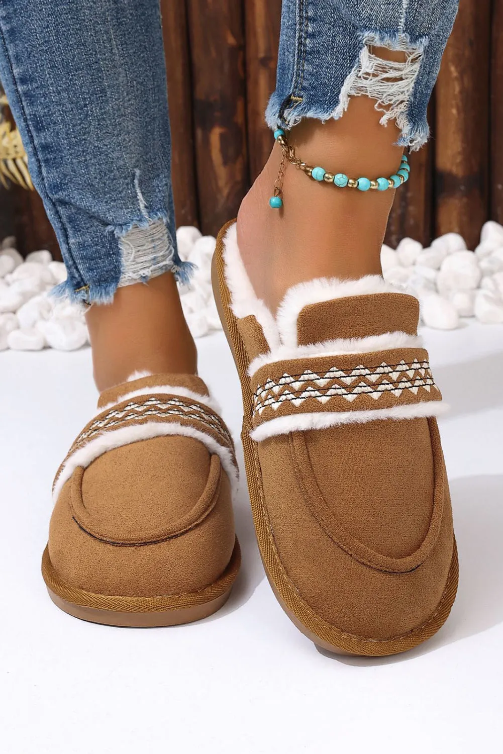 Women's Suede Wavy Striped Plush Lined Slippers