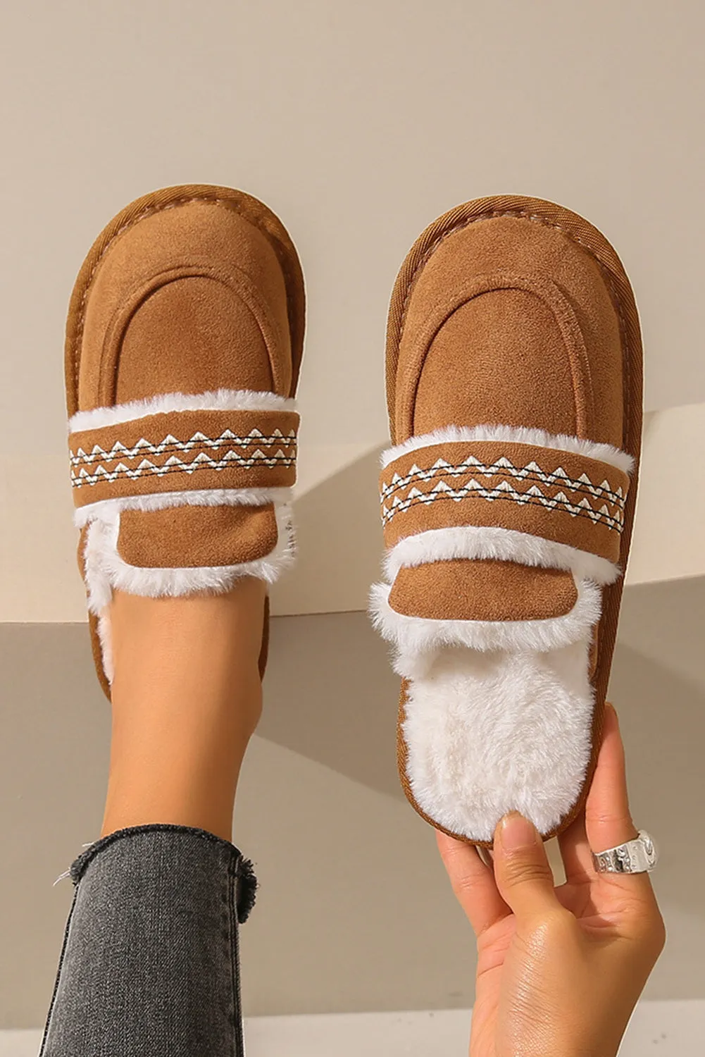 Women's Suede Wavy Striped Plush Lined Slippers