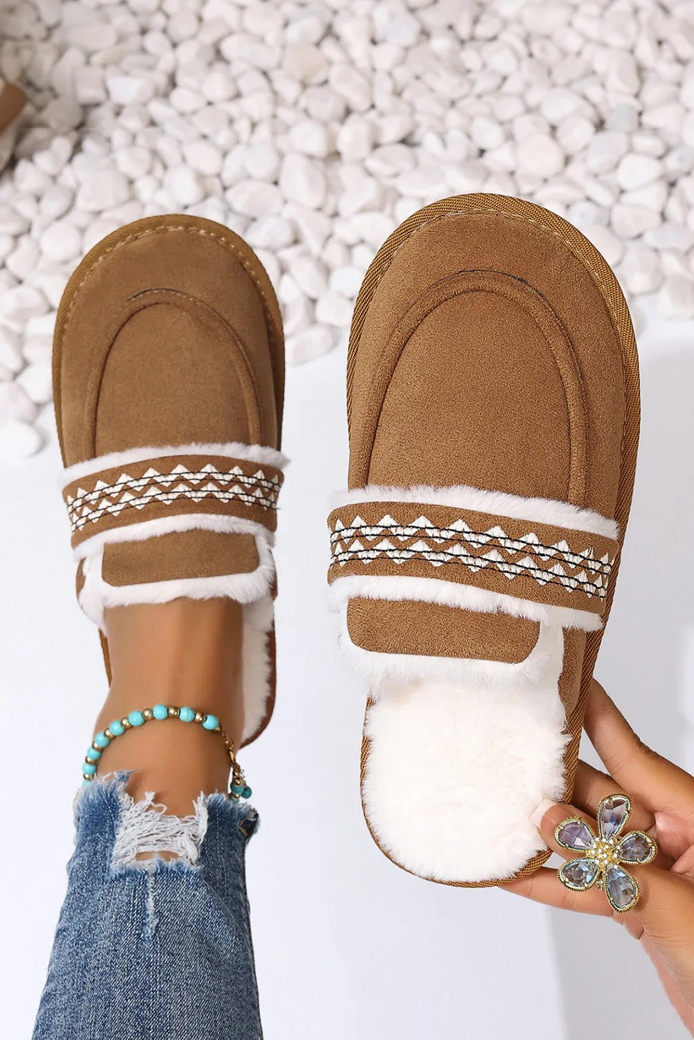 Women's Suede Wavy Striped Plush Lined Slippers