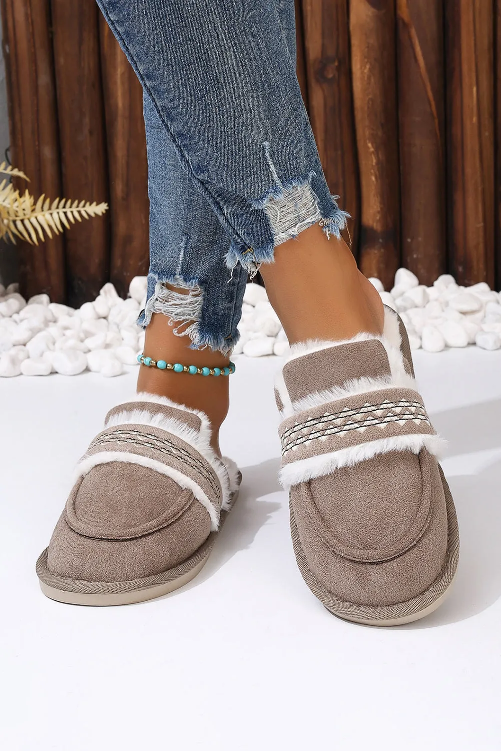 Women's Suede Wavy Striped Plush Lined Slippers