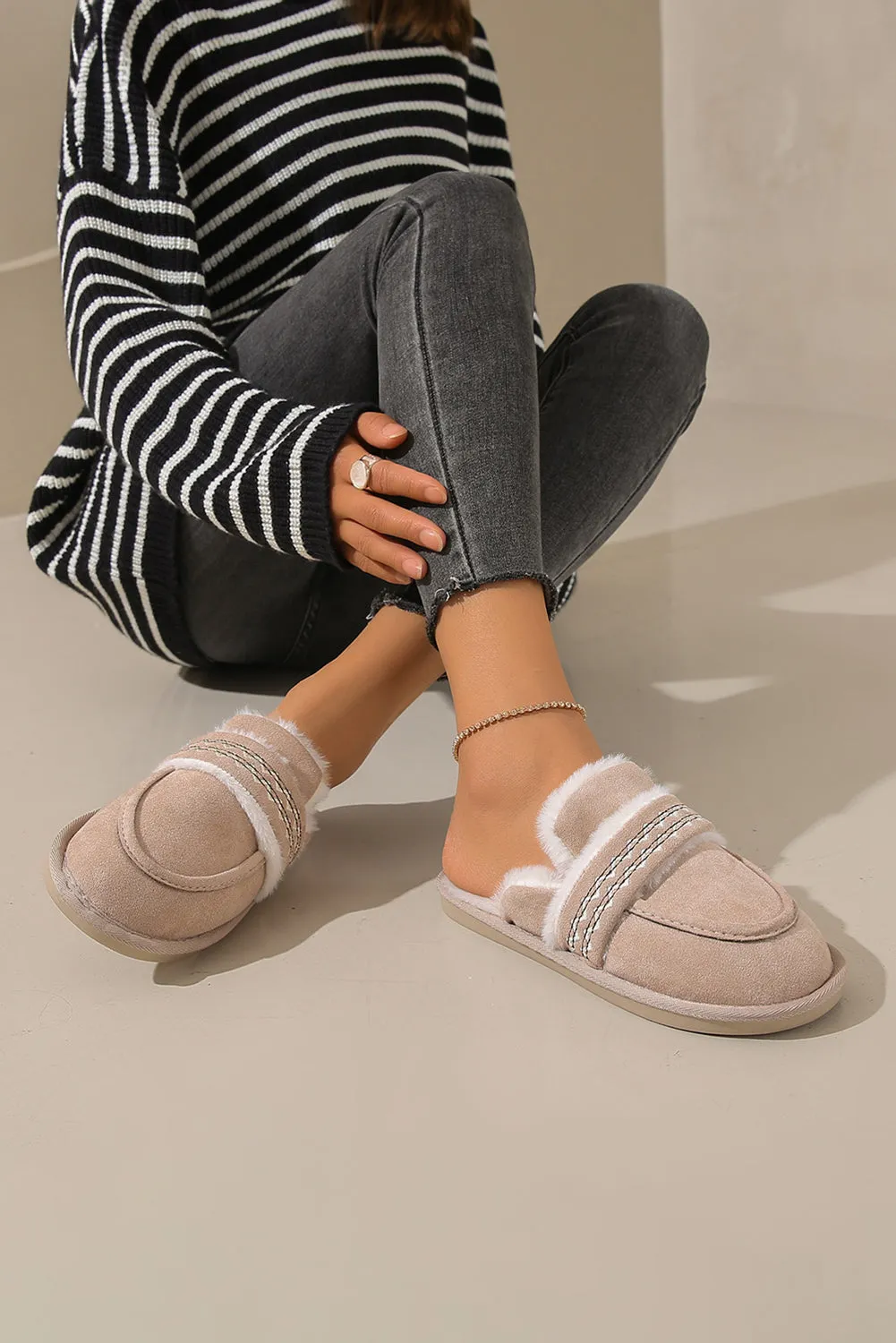 Women's Suede Wavy Striped Plush Lined Slippers