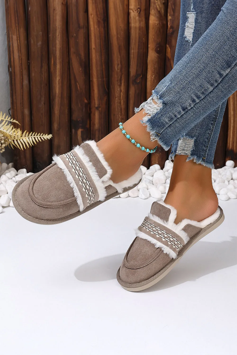 Women's Suede Wavy Striped Plush Lined Slippers