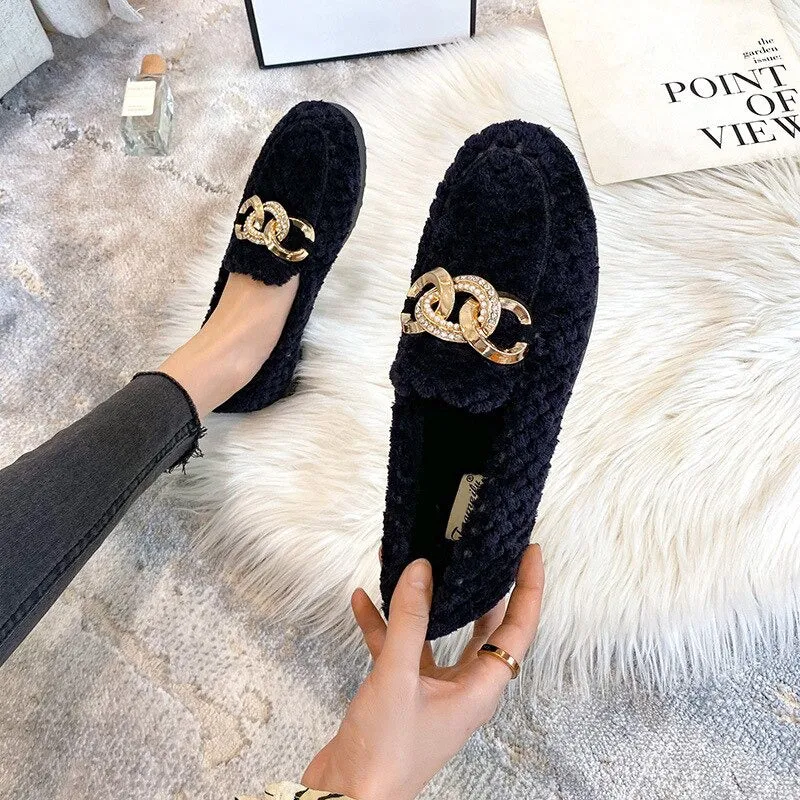 Women's Winter Plush Outdoor Loafer Shoes with Metal Chain Decor