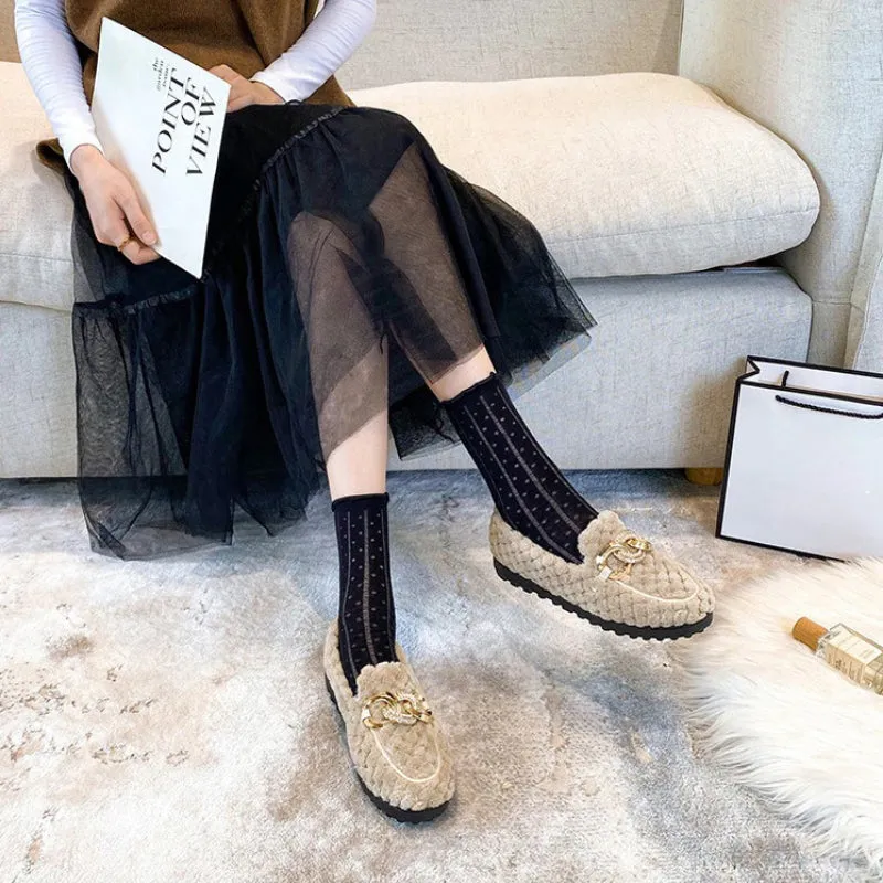 Women's Winter Plush Outdoor Loafer Shoes with Metal Chain Decor