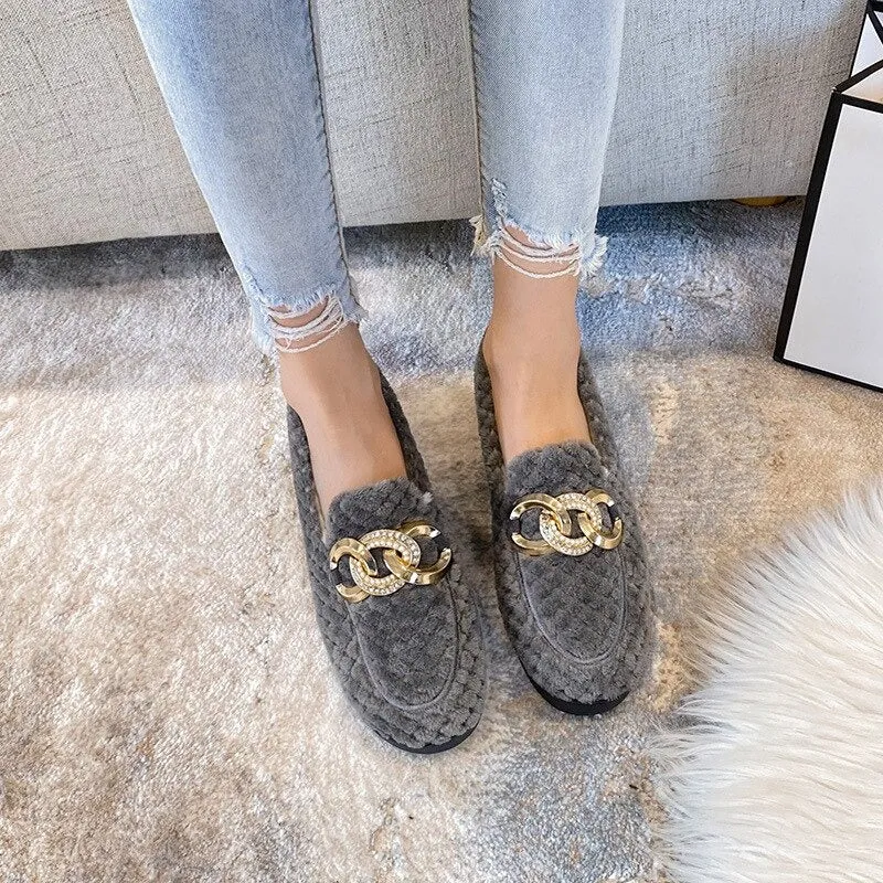 Women's Winter Plush Outdoor Loafer Shoes with Metal Chain Decor