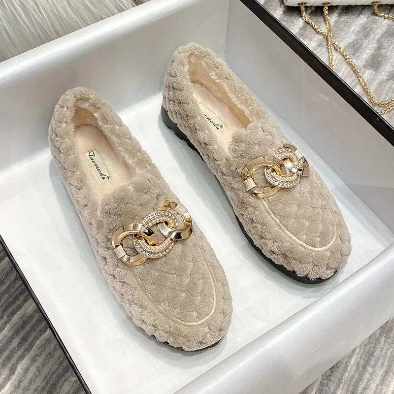 Women's Winter Plush Outdoor Loafer Shoes with Metal Chain Decor