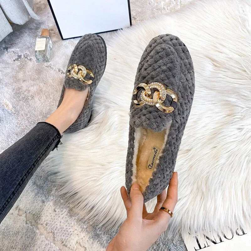 Women's Winter Plush Outdoor Loafer Shoes with Metal Chain Decor